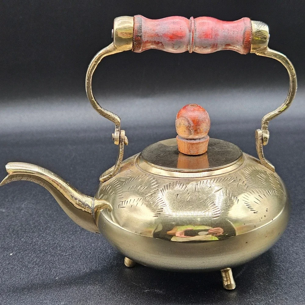 Vintage Etched Brass Miniature Teapot Tripod Feet Wood Handle Decorative 4.5in